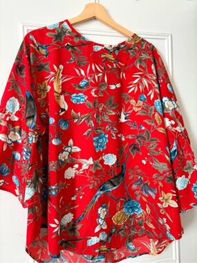 Red Floral & Bird Print Blouse